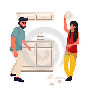 Family conflict. Couple quarrels. Wife and husband relationship disagreements. Woman beats dishes in kitchen. Partners