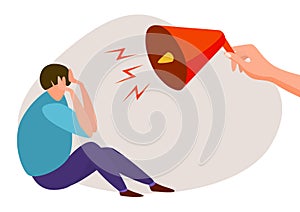 Family conflict, parent angry at child, vector illustration. Flat kid boy character cry scared from shouting person with