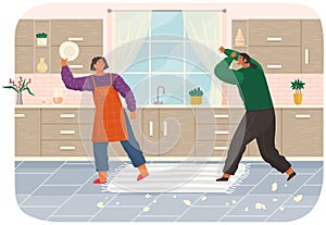 Family conflict and problems in couple relationship, angry people beat dishes in kitchen at home