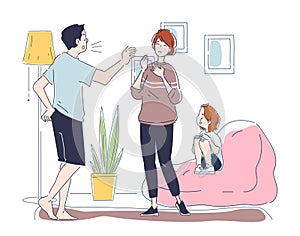 Family conflict with a shouting man, a distressed woman, and a child on a couch, representing domestic tension. Vector