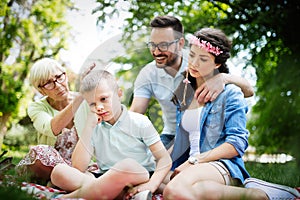 Family consoling little stubborn child and managing emotions