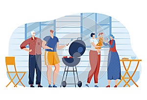 Family cooking barbecue food together at summer weekend, vector illustration. Caucasian people character smiling at