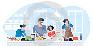Family cooking breakfast or dinner on home kitchen together. Guy preparation lunch, father cook with children. Cartoon