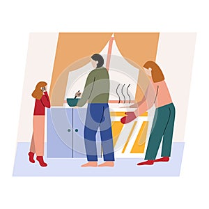 Family cooking Christmas dinner. Man, woman and their daughter preparing for Christmas. Flat cartoon vector illustration