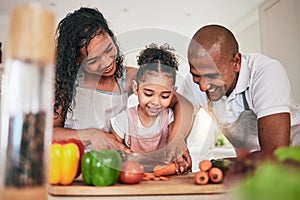 Family, cooking or cutting vegetables in kitchen or learning chef skill with happy parents or child together. Nutrition