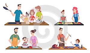 Family cooking. Happy couples and kids spend time at kitchen preparing food serving table washing utensils exact vector