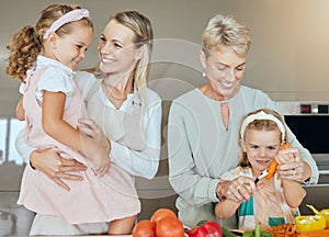 Family cooking, happy lunch and children helping with mother and grandmother with healthy breakfast in kitchen. Mom and