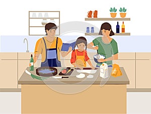 Family cooking on kitchen. Parents with daughter preparing dinner meal together. Mother making dough. Father frying fish