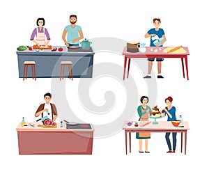 family cooking. mother father and kids preparing different food in kitchen cooking frying and slicing and boiling