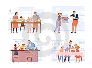Family cooking together. Cook food at kitchen, eating dinner, home meal, eat culinary table, mother chef and child