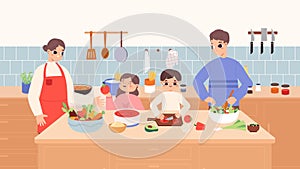 Family cooking together at home kitchen. Happy time with parents and siblings. People preparing lunch, breakfast or