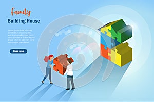 Family couple building home together with jigsaw puzzle piece.  Home loan mortgage, refinance, real estate investment and property