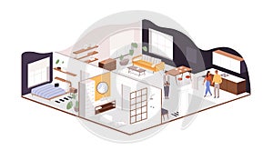 Family couple buying or renting new apartment or house. Concept of home interior design, space planning and real estate
