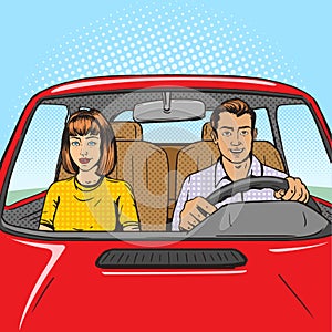 Family couple in car pop art style vector