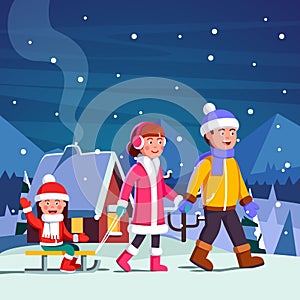 Family couple with child on sled walking in winter