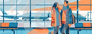 Family couple in the departure lounge of the airport. Airplane parked behind the window. Flat illustration for web