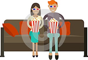 Family couple enjoying cinema movie eating popcorn vector icon isolated on white