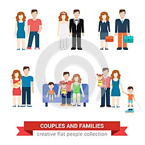 Family couple flat style people newlyweds parenting parents children kids son daughter wife husband boy girl infant infographics