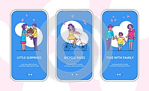 Family couple happy woman and man vector illustration mobile banner set.