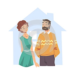 Family Couple Inside Outline House, Abstract Real Estate, Smiling People Planning to Buy New Dwelling Flat Style Vector