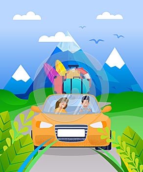 Family Couple on Vacation Car Road Trip Cartoon