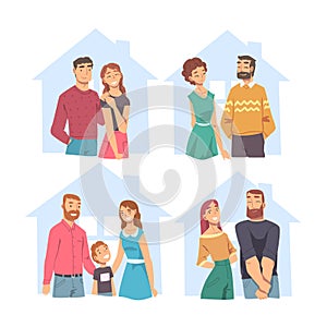 Family Couples in House Outline Set, Abstract Real Estate, People Planning to Buy or Rent New Dwelling Flat Style Vector