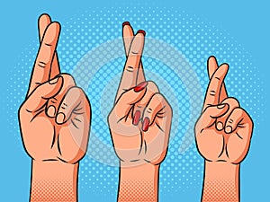 Family crossed fingers pop art raster illustration