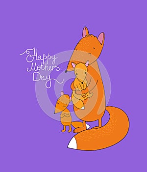 Family of cute cartoon fox. Funny animals. Happy mother s day