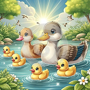 A family of cute ducks swimming in a pond, with the fluffy ducklings behind, cartoon style, nature view, plants, tree