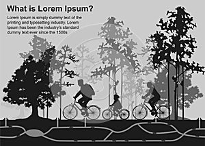 Family on cycle ride in forest, rats creep in burrows. Split illustration