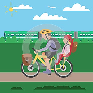 Family cycle vector poster with father riding bicycle with daughter sitting on child bike seat behind. Cycling beside