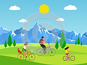 Family cycling. Active mom dad and kids riding bikes in mountains, outdoor activities or walking in park, healthy