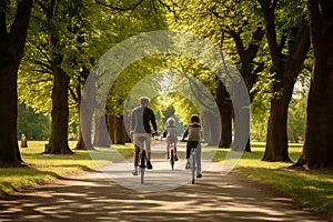 Family cycling along a treelined path in a city
