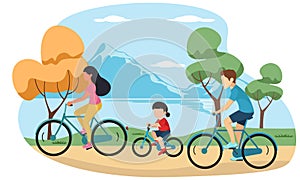 Family cycling outdoor. Father, mom and daughter spend time together