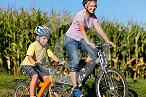 Family is cycling in summer