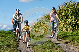 Family is cycling in summer