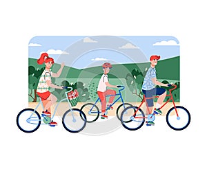 Family cycling on summer meadow cartoon flat vector illustration isolated.