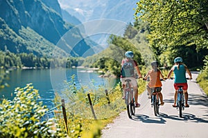 A family cycling together in a scenic, car-free area