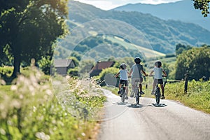 A family cycling together in a scenic, car-free area