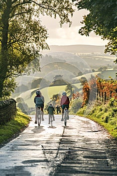 A family cycling together in a scenic, car-free area