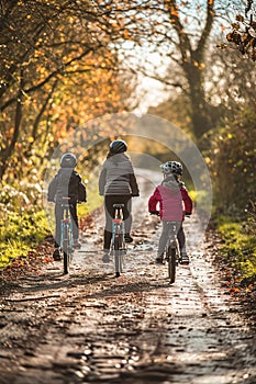 A family cycling together in a scenic, car-free area