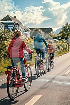 A family cycling together in a scenic, car-free area