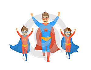 Family, dad and kids, cute boy and girl playing superheroes, running excited in super hero costumes front view fun humor fathers d