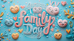 celebratory art display, family day depicted in pastel colors, with smiling faces and hearts, evokes a cheerful and photo