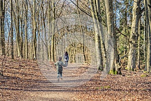 Family day: mother and son stroll on a beaten path in a bare forest. Kid runs free on a trail in the woods in pursue of his mum