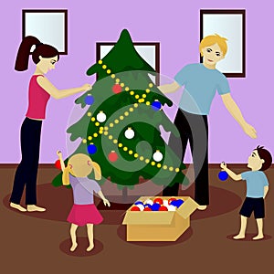 Family decorate Christmas tree photo