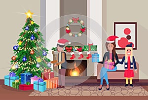 Family decorate pine tree merry christmas happy new year living room fireplace home interior decoration winter holiday