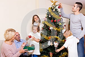 Family with decorated Christmas tree