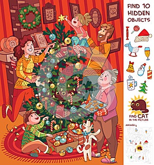 Family decorates christmas tree. Find 10 hidden objects in the p