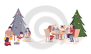 Family Decorating Near Christmas Fir Tree Unwrapping Gift Box and Having Festive Dinner at Table Vector Illustration Set